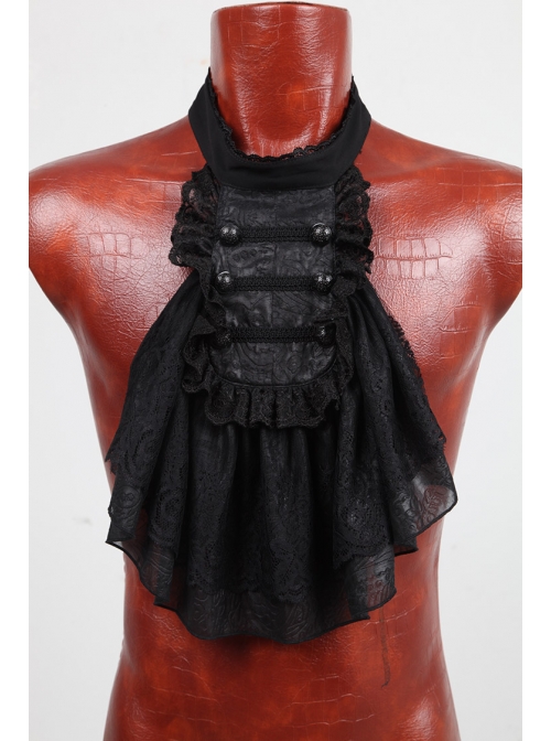 High Collar Front Chest Retro Button Flounce Lantern Sleeve Lace Cuff Black Gothic Chiffon Shirt