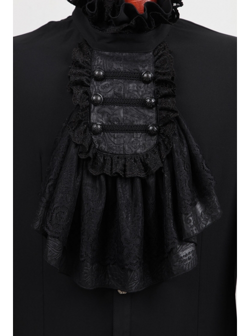 High Collar Front Chest Retro Button Flounce Lantern Sleeve Lace Cuff Black Gothic Chiffon Shirt