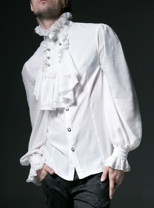High Collar Front Chest Retro Button Flounce Lantern Sleeve Lace Cuff White Gothic Chiffon Shirt