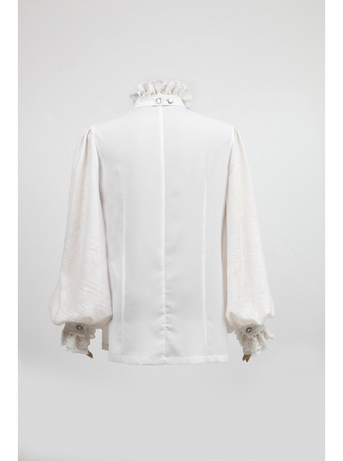 High Collar Front Chest Retro Button Flounce Lantern Sleeve Lace Cuff White Gothic Chiffon Shirt