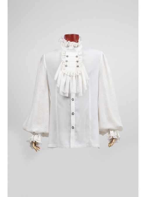 High Collar Front Chest Retro Button Flounce Lantern Sleeve Lace Cuff White Gothic Chiffon Shirt