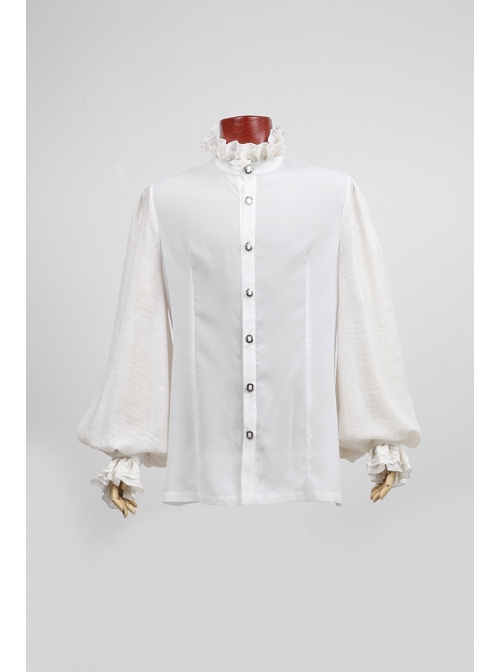 High Collar Front Chest Retro Button Flounce Lantern Sleeve Lace Cuff White Gothic Chiffon Shirt