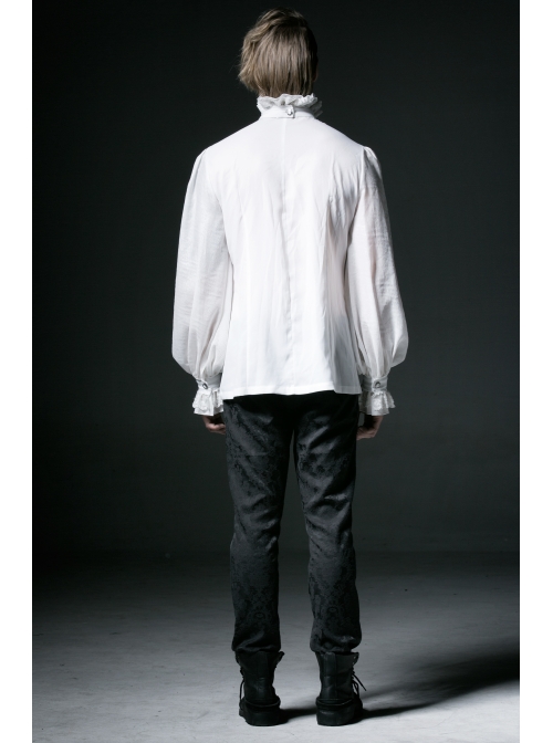 High Collar Front Chest Retro Button Flounce Lantern Sleeve Lace Cuff White Gothic Chiffon Shirt