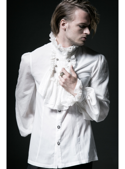 High Collar Front Chest Retro Button Flounce Lantern Sleeve Lace Cuff White Gothic Chiffon Shirt