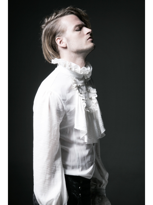 High Collar Front Chest Retro Button Flounce Lantern Sleeve Lace Cuff White Gothic Chiffon Shirt