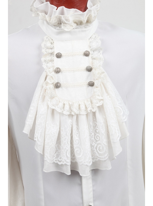 High Collar Front Chest Retro Button Flounce Lantern Sleeve Lace Cuff White Gothic Chiffon Shirt