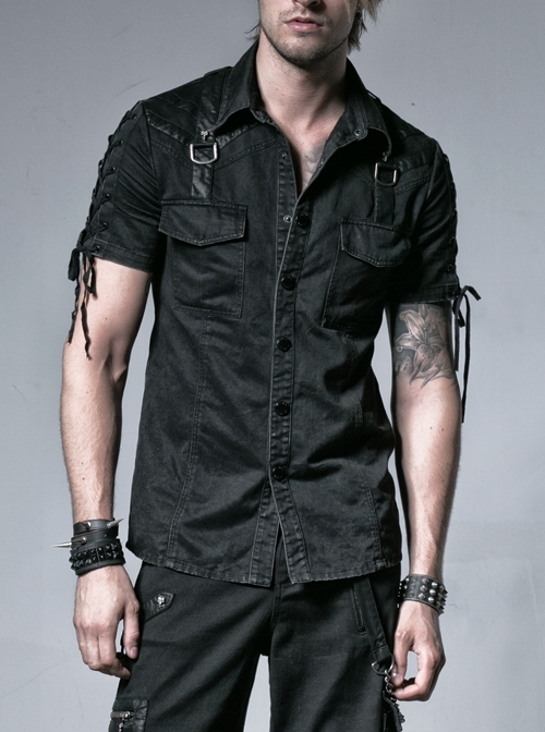Black Metal D-Buckle Leather Strap Decoration Slit Lace-Up Short Sleeve Punk Shirt