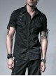Black Metal D-Buckle Leather Strap Decoration Slit Lace-Up Short Sleeve Punk Shirt