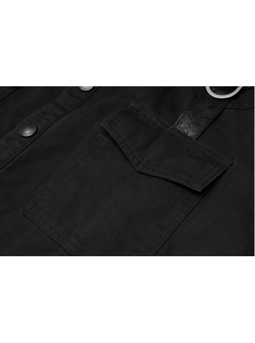 Black Metal D-Buckle Leather Strap Decoration Slit Lace-Up Short Sleeve Punk Shirt