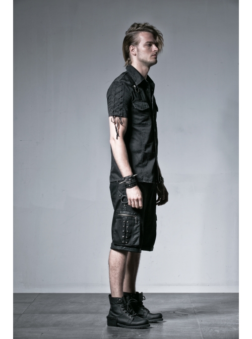 Black Metal D-Buckle Leather Strap Decoration Slit Lace-Up Short Sleeve Punk Shirt
