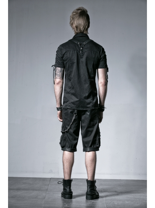 Black Metal D-Buckle Leather Strap Decoration Slit Lace-Up Short Sleeve Punk Shirt