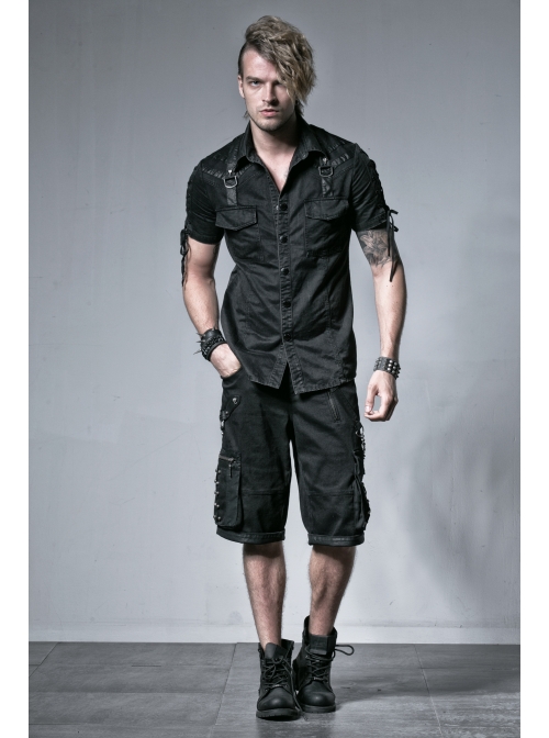 Black Metal D-Buckle Leather Strap Decoration Slit Lace-Up Short Sleeve Punk Shirt