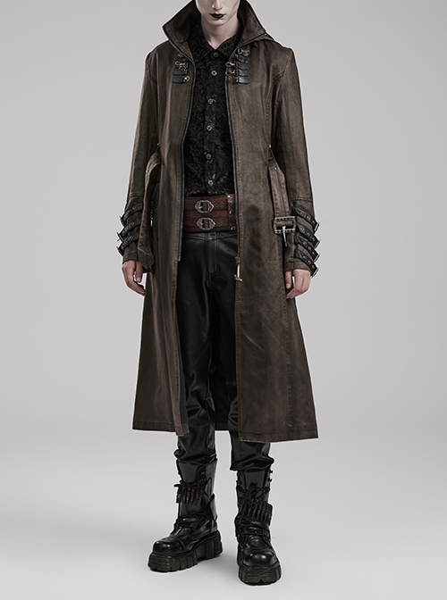Stand-Up Collar Front Chest Metal Buckle Leather Loop Decoration Brown Punk Coat