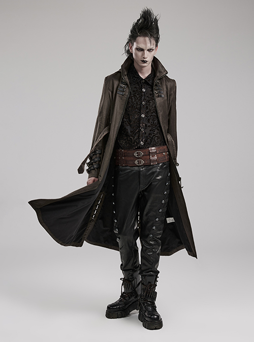 Stand-Up Collar Front Chest Metal Buckle Leather Loop Decoration Brown Punk Coat