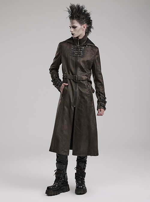 Stand-Up Collar Front Chest Metal Buckle Leather Loop Decoration Brown Punk Coat