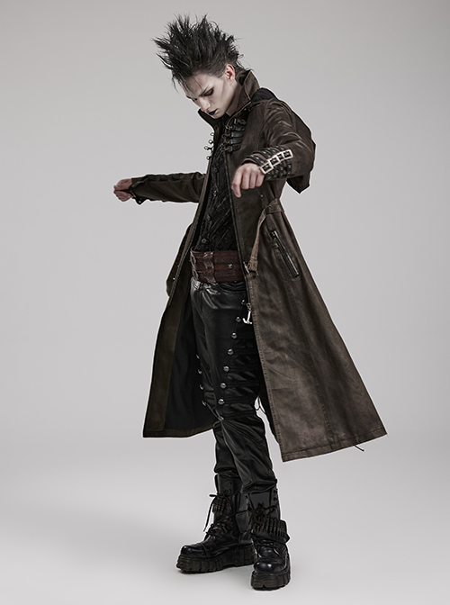 Stand-Up Collar Front Chest Metal Buckle Leather Loop Decoration Brown Punk Coat