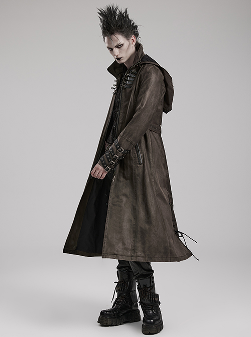 Stand-Up Collar Front Chest Metal Buckle Leather Loop Decoration Brown Punk Coat