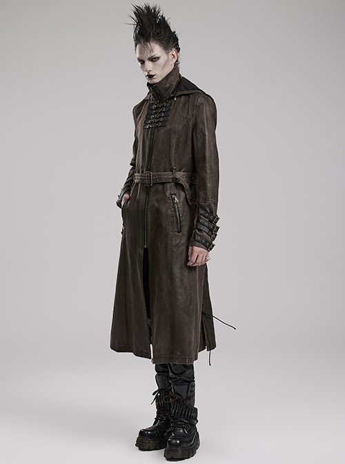 Stand-Up Collar Front Chest Metal Buckle Leather Loop Decoration Brown Punk Coat