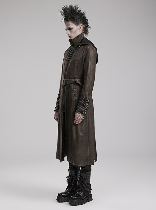 Stand-Up Collar Front Chest Metal Buckle Leather Loop Decoration Brown Punk Coat