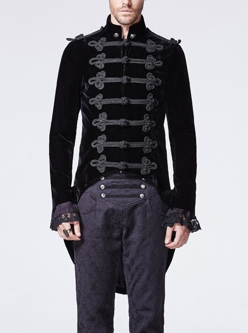 High Collar Front Chest Retro Chinese Buttons Slit Cuff Swallowtail Hem Black Gothic Coat