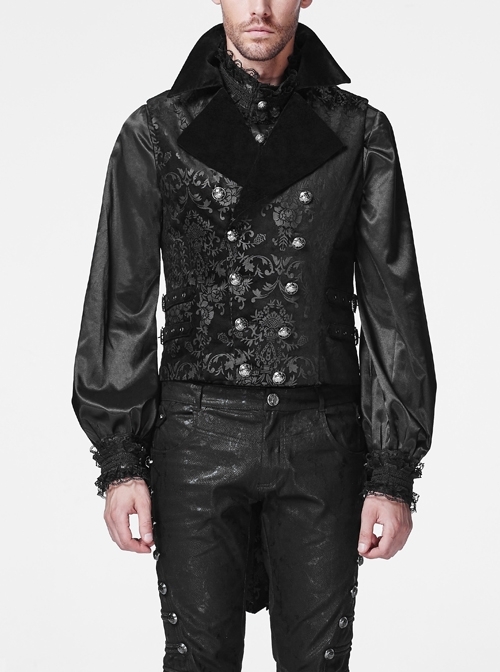 Front Double-Breasted Side Leather Loops Swallowtail Hem Black Gothic Retro Flocking Vest