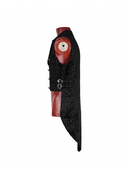 Front Double-Breasted Side Leather Loops Swallowtail Hem Black Gothic Retro Flocking Vest