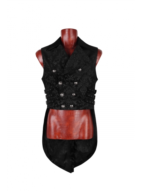 Front Double-Breasted Side Leather Loops Swallowtail Hem Black Gothic Retro Flocking Vest