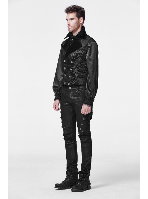 Front Double-Breasted Side Leather Loops Swallowtail Hem Black Gothic Retro Flocking Vest