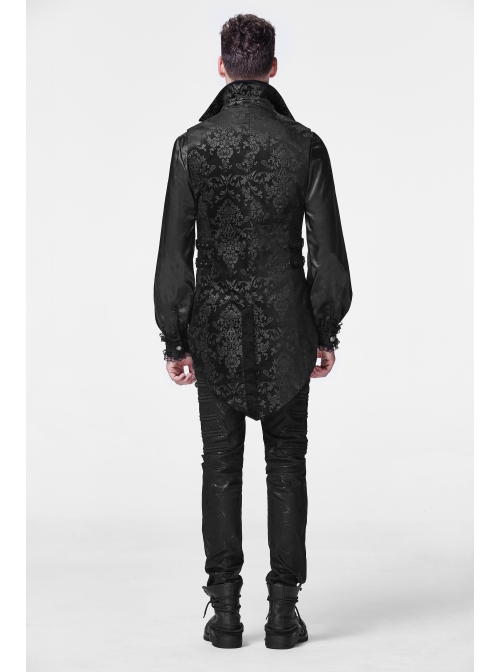 Front Double-Breasted Side Leather Loops Swallowtail Hem Black Gothic Retro Flocking Vest