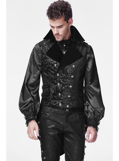Front Double-Breasted Side Leather Loops Swallowtail Hem Black Gothic Retro Flocking Vest