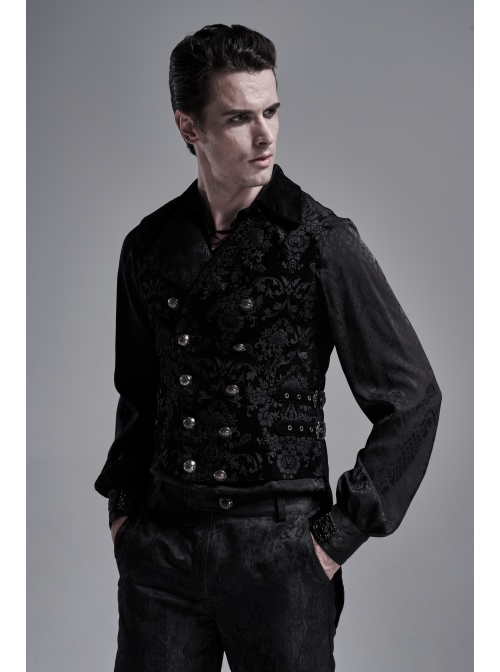 Front Double-Breasted Side Leather Loops Swallowtail Hem Black Gothic Retro Flocking Vest
