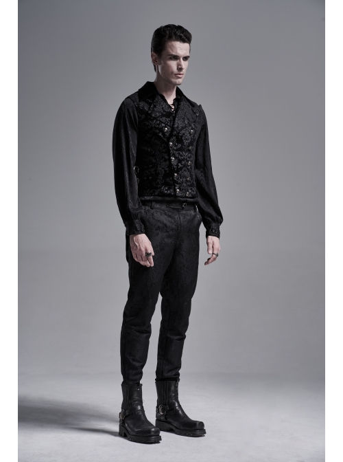 Front Double-Breasted Side Leather Loops Swallowtail Hem Black Gothic Retro Flocking Vest