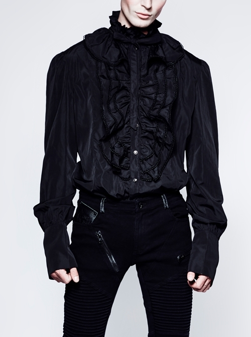 High Collar Front Chest Flounce Metal Retro Button Long Sleeve Black Gothic Shirt