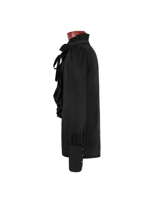 High Collar Front Chest Flounce Metal Retro Button Long Sleeve Black Gothic Shirt