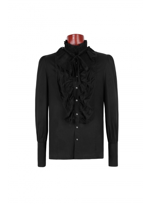High Collar Front Chest Flounce Metal Retro Button Long Sleeve Black Gothic Shirt