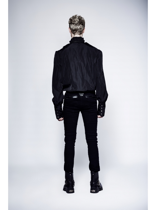 High Collar Front Chest Flounce Metal Retro Button Long Sleeve Black Gothic Shirt