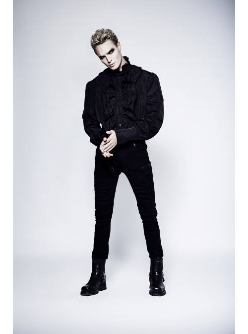 High Collar Front Chest Flounce Metal Retro Button Long Sleeve Black Gothic Shirt