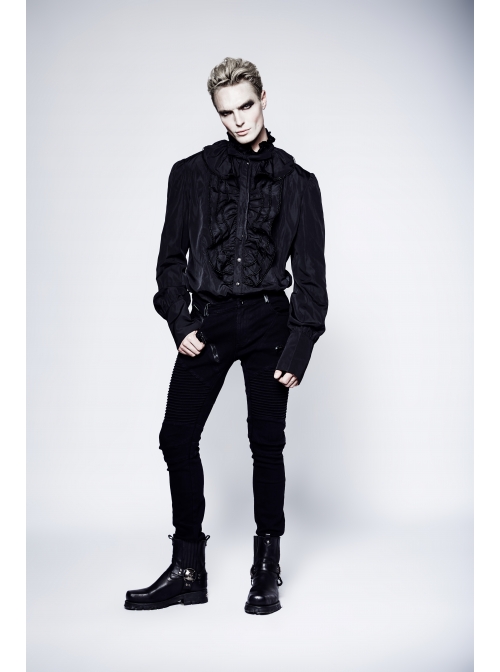 High Collar Front Chest Flounce Metal Retro Button Long Sleeve Black Gothic Shirt