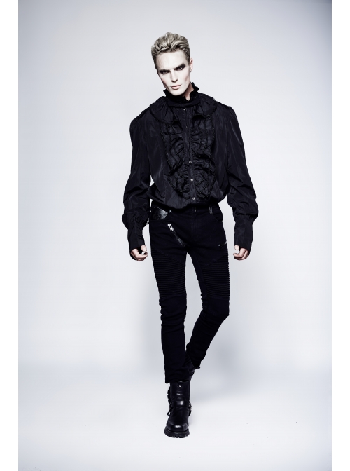 High Collar Front Chest Flounce Metal Retro Button Long Sleeve Black Gothic Shirt