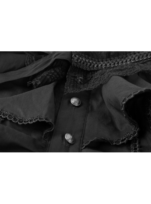 High Collar Front Chest Flounce Metal Retro Button Long Sleeve Black Gothic Shirt