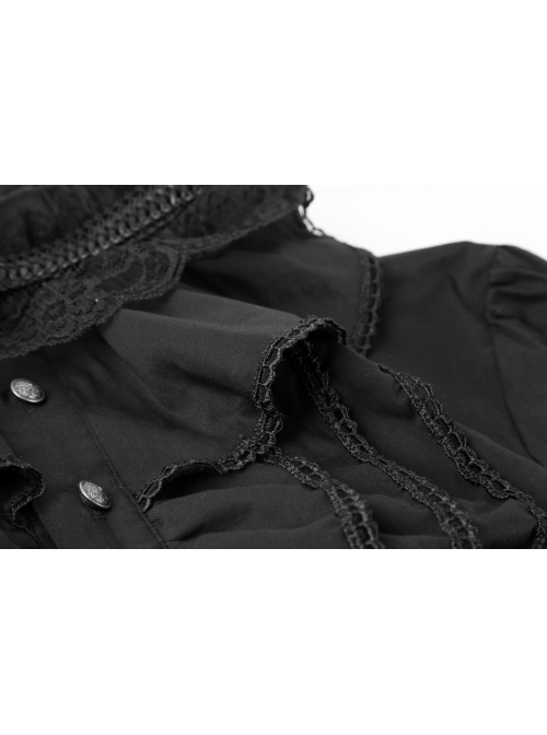 High Collar Front Chest Flounce Metal Retro Button Long Sleeve Black Gothic Shirt