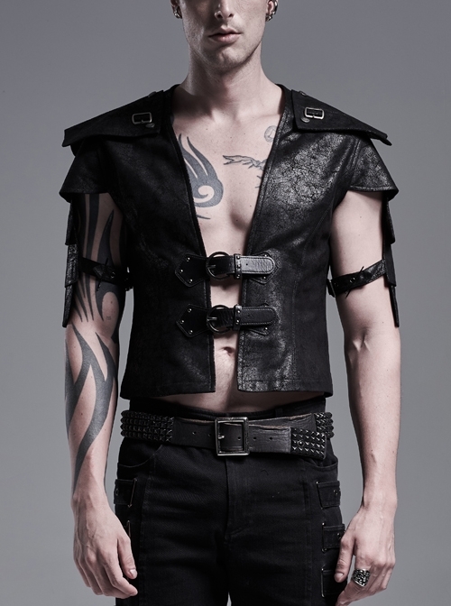 Front Leather Hasp Armor Sleeve Arm Loops Black Punk Short Jacket