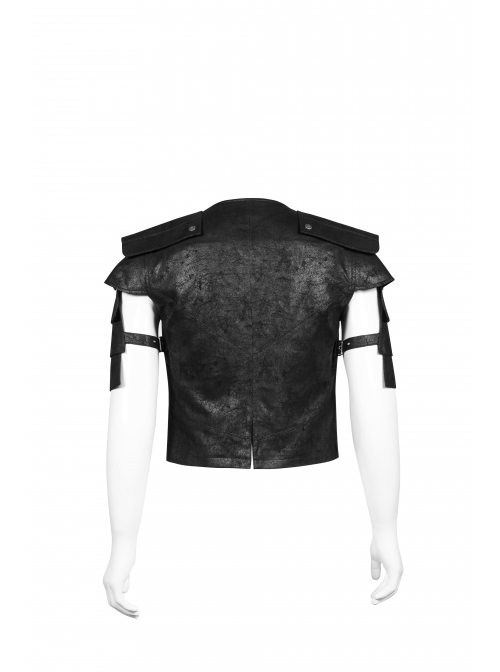 Front Leather Hasp Armor Sleeve Arm Loops Black Punk Short Jacket