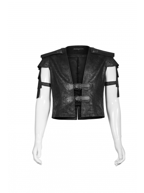 Front Leather Hasp Armor Sleeve Arm Loops Black Punk Short Jacket
