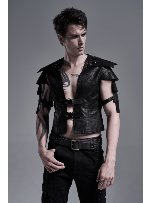 Front Leather Hasp Armor Sleeve Arm Loops Black Punk Short Jacket