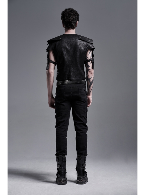 Front Leather Hasp Armor Sleeve Arm Loops Black Punk Short Jacket