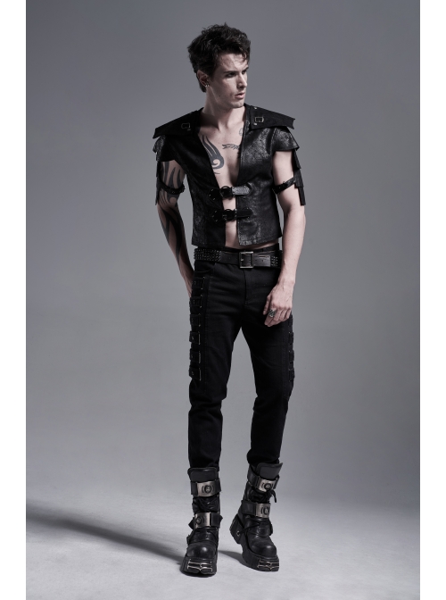 Front Leather Hasp Armor Sleeve Arm Loops Black Punk Short Jacket