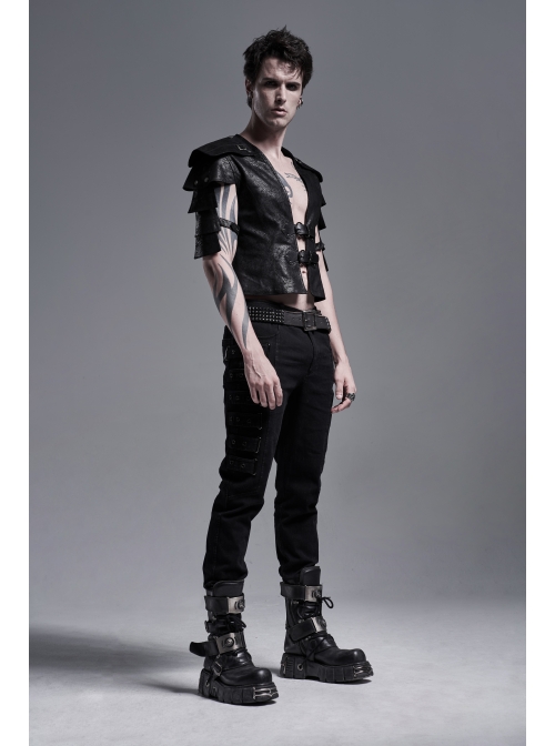 Front Leather Hasp Armor Sleeve Arm Loops Black Punk Short Jacket