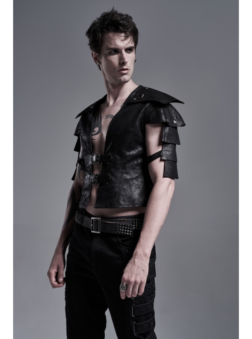 Front Leather Hasp Armor Sleeve Arm Loops Black Punk Short Jacket