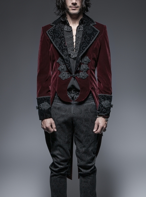 Front Classical Buttons Embroidery Cuff Back Waist Lace-Up Swallowtail Hem Wine Red Gothic Flannel Coat